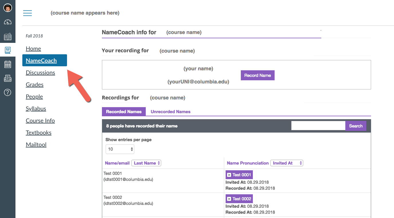 Screenshot of NameCoach in Canvas